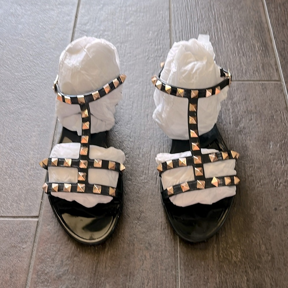 Black Rockstud Inspired Studded Jelly Sandals Size 37 US 6.5 Ankle Strap - Picture 4 of 6